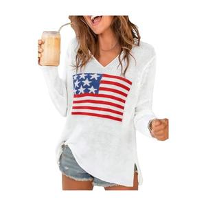 RoseSeek Women's Letter V Neck Beach Sweaters Long Sleeve Split Crochet Tops Knit Pullovers Cover Up White Red and Blue 3X-Large