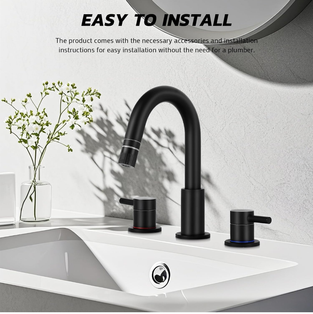 KZH Oil Rubbed Bronze Bathroom Faucet 3 Hole, 8 inch Widespread Bathroom Faucet with Pop Up Drain, Bathroom Sink Faucet with 360degree Swivel Spout, 2 Handle Vanity Faucet with Water Supply Hoses