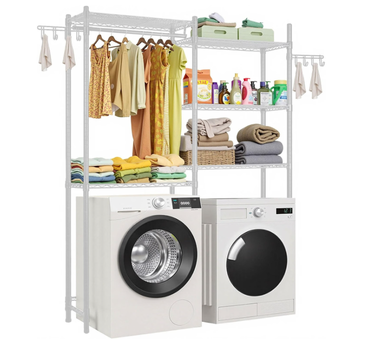 VEVOR Over the Washer and Dryer Storage Shelf, 5 Tier Laundry Room Drying Rack with Hanger Rod and Hooks, Adjustable Over Washer and Dryer Shelves, Laundry Room Shelf Storage Space Saver, White