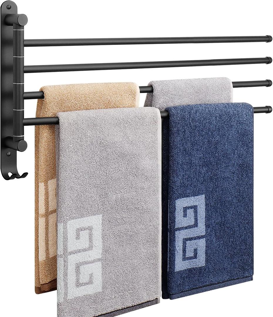 NearMoon Swivel Towel Rack, 19.5" Thicken 304 Stainless Steel 4-Arm Towel Bar, Space Saving Wall Mounted Towel Holder with Hook, Rustproof Swing Out Towel Hanger for Bathroom, Kitchen (Matte Black)