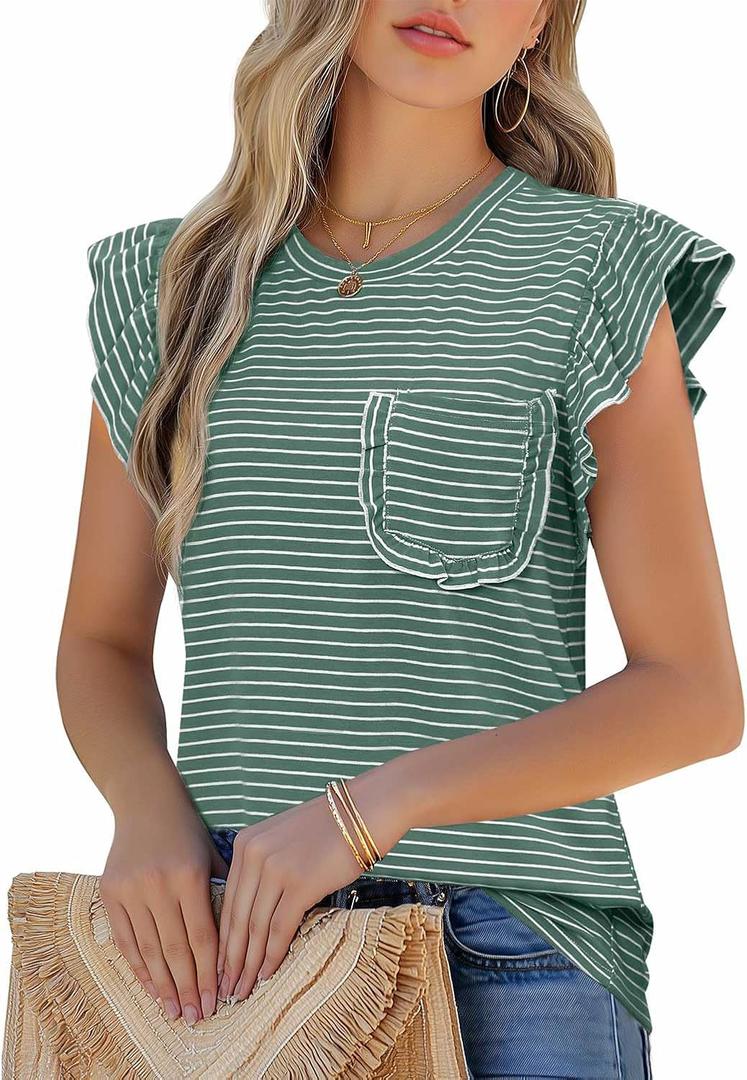 JUSTFASHIONNOW Womens Summer Tops Striped T-Shirts 2025 Ruffle Short Sleeve Crew Neck Casual Blouses with Pocket (X-Large, Green)
