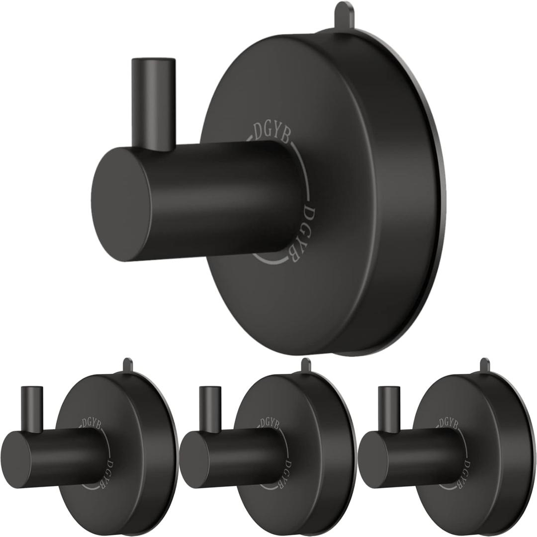 DGYB Black Suction Cup Hooks for Shower Set of 4 Bathroom Towel Hooks for Wall SUS 304 Stainless Steel Vacuum Hooks for Loofah 15 LB Glass Shower Door Hook