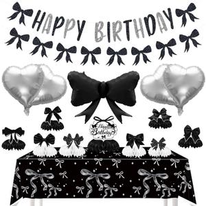 Black Bow Happy Birthday Decorations - Women Girls Bow Theme Party Decorations with Honeycomb Centerpieces, Banner, Foil Balloons, Tablecloth, Elegant Black Girly Birthday Party Decor for Girls Women