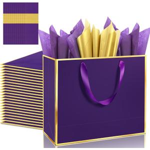Addblu 12 Pack Large Gift Bags with Handles - Includes 36 Tissue Papers, 11.8x10x4 Inches for Thank You, Wedding, Bridesmaid, Birthday Party, Valentine's Day, Holiday (Purple and Gold Trim, 12Pcs)