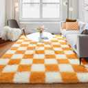 KICMOR Soft Fluffy 5x8 Orange and Cream White Rugs Living Room Carpets, Large Fuzzy Checkered Shag Area Rug Big Carpet for Bedroom, Indoor Plush Shaggy Rug for Nursery Teen Boys Girls Room Decor