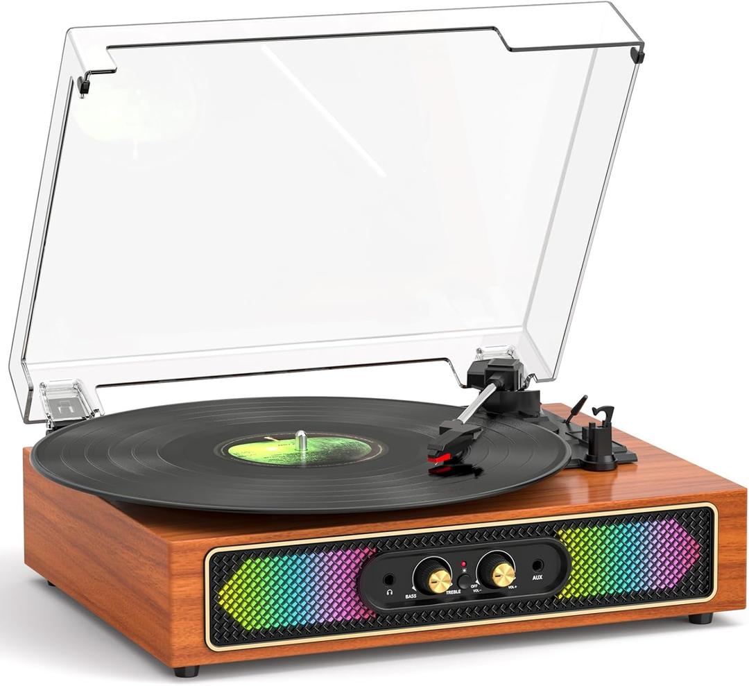 Bluetooth Record Player with RGB Lights, 3-Speed Belt-Drive Turntable with Built-in Stereo Speakers, Bass/Treble Control, Auto Stop, AUX in/Out, RCA Out, Retro Wood Vinyl Player for Home & Gift Use