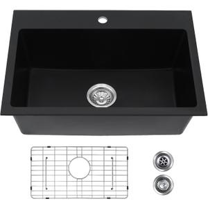 Davivy 27 inch Black Granite Kitchen Sink, 27 x19 Black Quartz Dual Mount Kitchen Sink, Undermount & Drop In Installation, Single Bowl Design