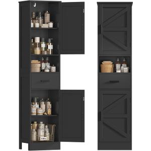 TEENFON Tall Bathroom Storage Cabinet with Barn Doors, Narrow Bathroom Cabinet with Drawer, Narrow Storage Unit, Adjustable Shelves, Floor Cabinets for Living Room, Entryway, Kitchen, Black