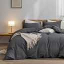 BESTOUCH Duvet Cover Set 100% Washed Cotton Linen Feel Super Soft Comfortable Chic Lightweight 3 PCs Home Bedding Set Solid Dark Black Queen (Queen (90" x 90"))