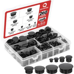 QCDENG 260PCS Black Plastic Plugs Hole, Round PA66 Plug Furniture Hole Decorative Cover 8 Size 1/4" 5/16" 3/8" 1/2" 5/8" 3/4" 7/8" 1"