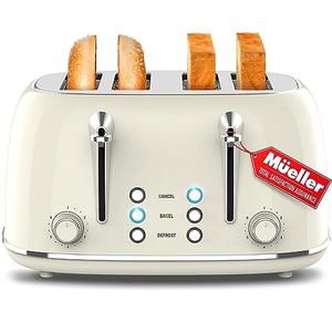 Mueller Retro Toaster 4 Slice with Extra Wide Slots Bagel, Defrost, and Cancel Function, 6 Browning Levels, Dual Independent Controls, Removable Crumb Tray and High Lift Levers, White