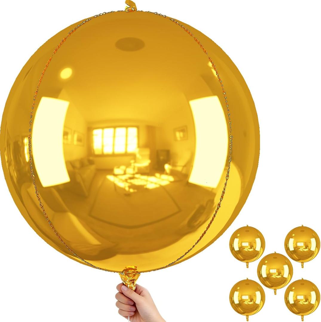 Gold Round Foil Balloons 32 Inch 5 Pcs 4D Ball Balloons Metallic Golden Balloon Ornament Mylar Balloon Chrome for Birthday Graduation Wedding Anniversary New Year Disco Party Decorations