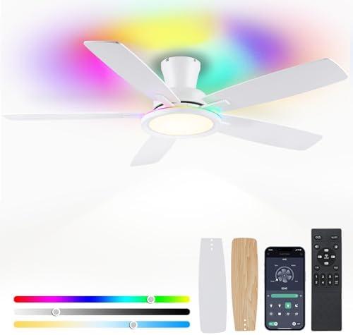 BYKISTOK Flush Mount RGB Ceiling Fan with RGB Light - 52In White Ceiling Fan Light with Reversible Mute Motor, 3CCT LED Dimmable, Low Profile Modern Ceiling Fans for Indoor, Party, Living Room