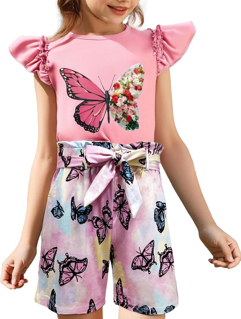 mksodop Girls outfits 2-Piece ruffled short sleeve butterfly floral print high waist floral shorts girls summer clothes (Pink, S)