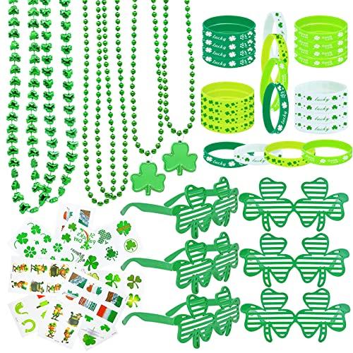 Labrostar Random Pcs St. Patricks Day Party Favors Set Shamrock Glasses Necklaces Bracelets Tattoos St. Patrick's Day Accessories Decorations Supplies