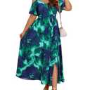 Floerns Women's Plus Size Cold Shoulder Short Sleeve Split Thigh Long Dress Blue and Green 1 XL