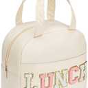 Lunch Bag for Women Insulated For Men PU leather Small Office Work lunch with Chenille Letters Leakproof Freezable Cooler Reusable Portable Box (White)