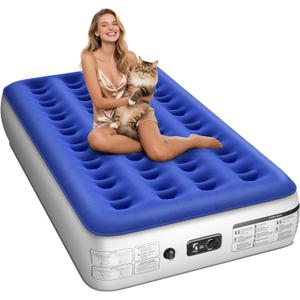 Twin Air Mattress with Built in Pump Luxurious Comfort Raised Inflatable Mattress Twin Airbed Blow Up Mattress for Home and Guests 75"*39"*13" Air Bed 2 Minutes Fast Inflate/Deflate 330 lbs Max (13" Blue & White)