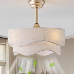 20" Boho Fandelier Ceiling Fans with Lights, Gold Caged Ceiling Fan with Light, Fabric Bladeless Fan with Remote Control, Reversible for Bedroom, Living Room, Nursery (Beige)