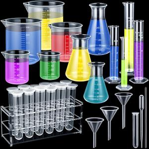 Saysurey 42 Pcs Beakers Test Tubes Set 5 Plastic Beakers 4 Graduated Cylinders 3 LongTube Funnels 3 Erlenmeyer Flask 4 Stirring Rods 10 Droppers 12 Plastic Test Tubes with Rack for Science Lab DIY