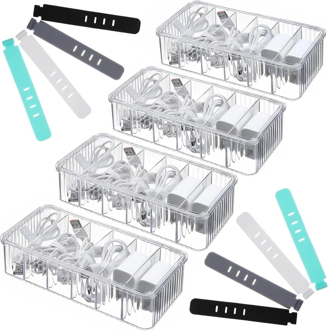 4 Pcs Cable Organizer Box, Clear Plastic Cord Storage Organizer with 40 Wire Ties Charging Cord Storage Organizers with Lid for Home Office Desk Drawer Organizers and Accessories