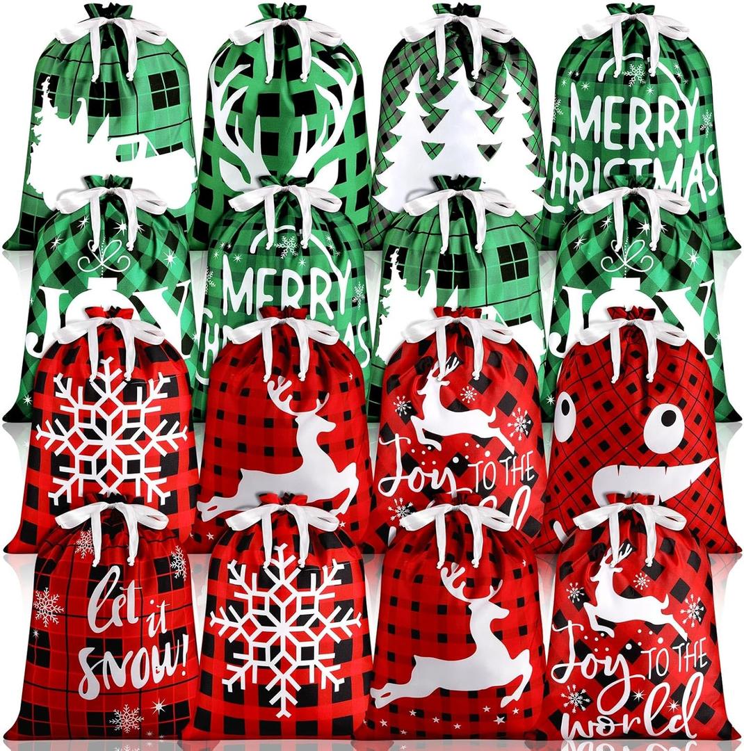 Windyun 16 Pcs Christmas Drawstring Bags Bulk Large Xmas Buffalo Plaid Drawstring Cloth Gift Bags 12 x 16 Inch Gift Wrapping Storage Sack for Party Favor (Red, Black, Green Buffalo Plaid)
