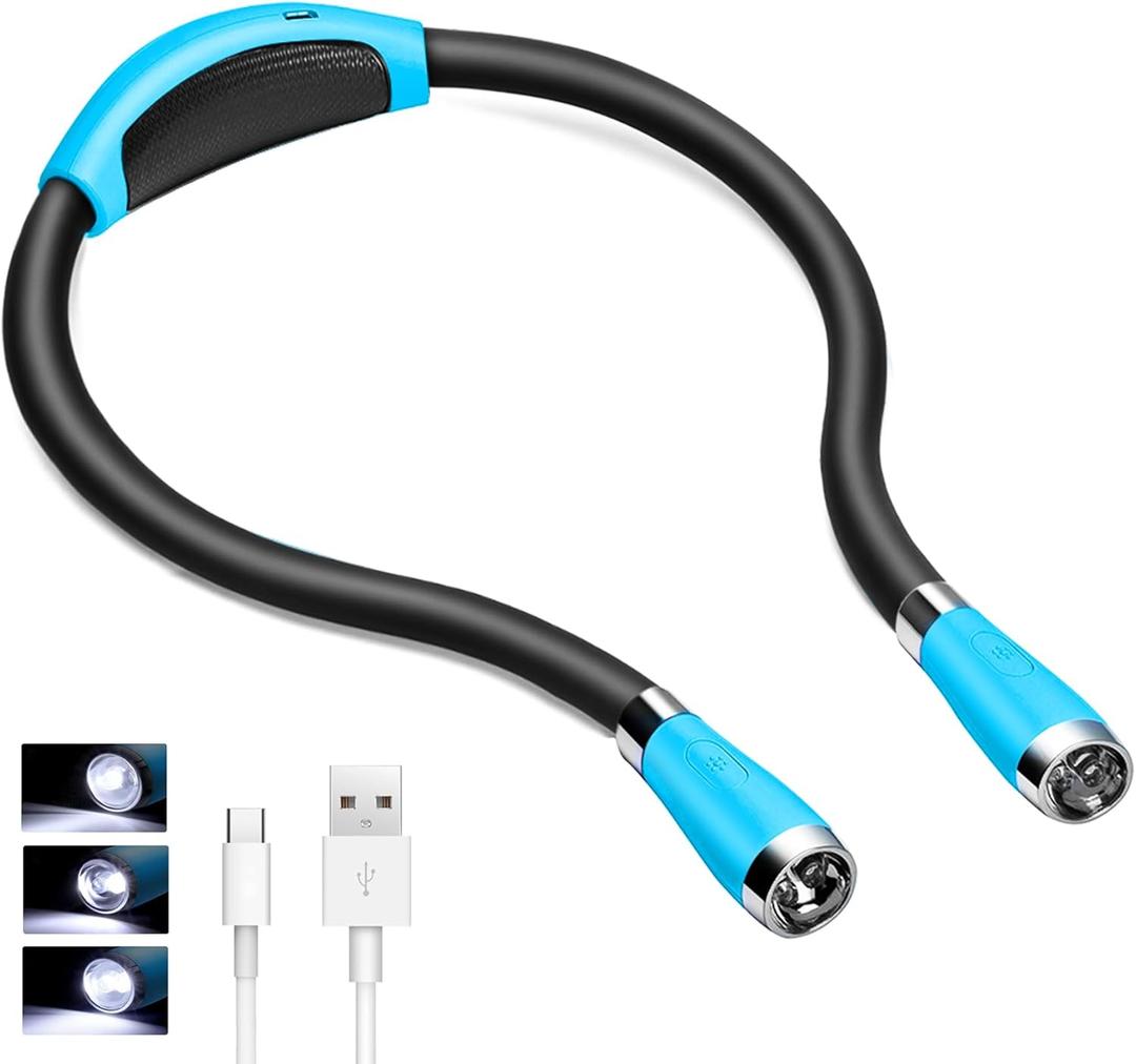 Book Light, Neck Reading Light, USB Rechargeable, Hands Free, 4 Super Bright LED Bulbs, 3 Adjustable Brightness, Best for Reading in Bed, Knitting, Walking, Jogging, Mending in Night (Blue)