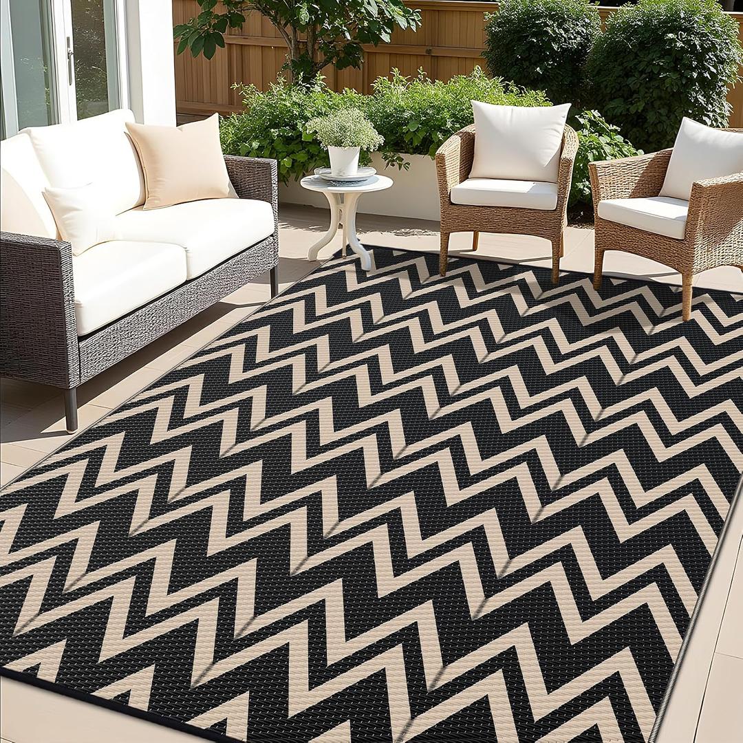 OLANLY Waterproof Outdoor Rug 9x12 ft Clearance, Reversible Outdoor Plastic Straw Rug, RV Mat, Indoor Outdoor Carpet for Patio, Camping, Balcony, Deck, Backyard, Black & Beige