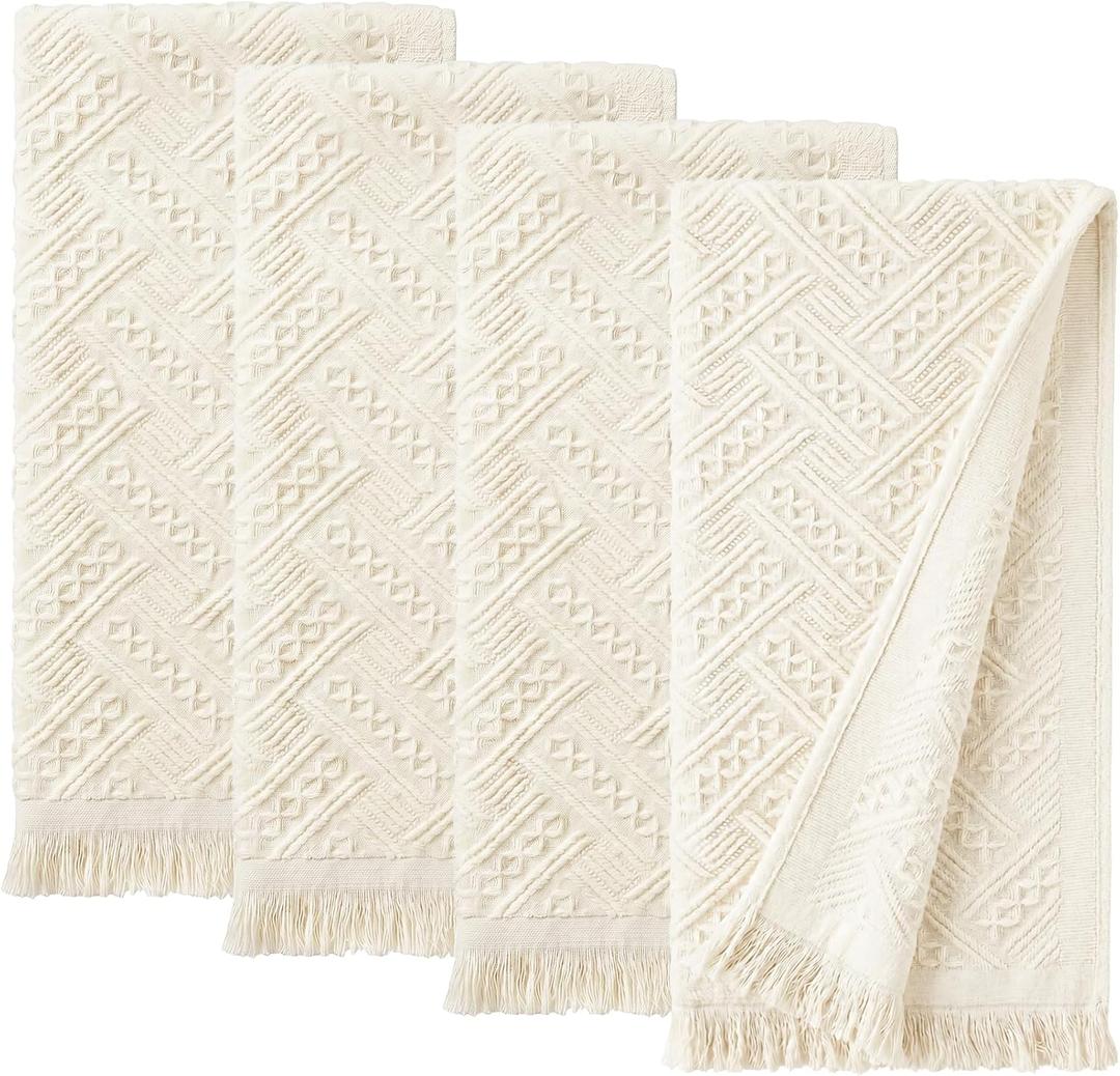 4-Pack Luxury Decorative Cotton Hand Towels for Bathroom Super Absorbent with Jacquard Weave&Fringe 13x29.1" Beige Boho Hand Towel Set,Soft Face Towel for Boho Bathroom Decor Kitchen Hotel Spa Guest