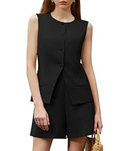 Casly Lamiit Women's Summer 2 Piece Outfits High Waisted Short Sets Crewneck Button Down Vest Business Work Blazer Suit, Black, Large 