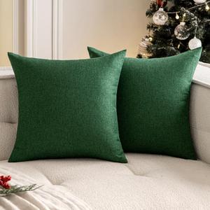 Woaboy Set of 2 Green Outdoor Waterproof Throw Pillow Covers Decorative Farmhouse Linen Pillowcases Solid Cushion Cases for Patio Tent Balcony Couch Sofa Livingroom 20x20 inch (20" x 20" (Pack of 2))