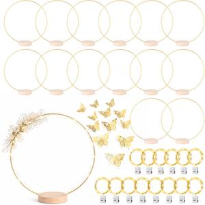 14 Pack Floral Hoop with Stand and LED Fairy Lights 8 Inch Metal Rings for DIY Centerpiece Table Decorations Crafts Macrame Rings Hoop Wreath Dream Catcher Rings Wedding Christmas Wreaths, Gold