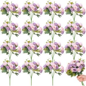 Zeyune 16 Bunches 12 Inch Artificial Mini Rose Bouquet 160 Heads Bridal Flower Bouquets Fake Silk Rose Bulk for Valentine's Day Wedding Bridal Shower Home Office Garden(Pink and Purple)