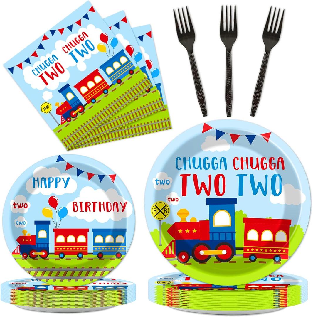 Chugga Chugga Two Two Party Supplies Set Train Plates and Napkins 2nd Birthday Party Tableware Packs Decorations Transportation Disposable Paper Plates Napkins Forks For Kids Serve 25