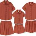 PATPAT Family Matching Linen Outfits, Breathable Short Sleeve Summer Linen Outfits for Men, Women, and Kids (X-Large, Brick Red)