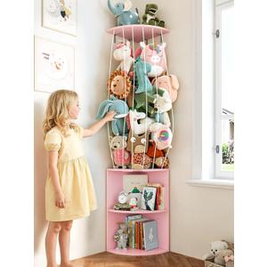 74.7" H Stuffed Animal Storage with 2-Tier Corner Bookshelf - Wall Mount Height Adjustable Plush Toy Organizer, Wooden Kids Bookshelf for Small Spaces Nursery Playroom Kids Room, Pink