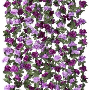 KHOYIME 8 Pack 72 FT Artificial Flower Garland, Fake Purple Roses Vines Silk Flowers Faux Plastic Outdoor Hanging Floral Ivy Garland Decoration for Wedding Arch Bedroom Home Wall Backdrop Room Decor