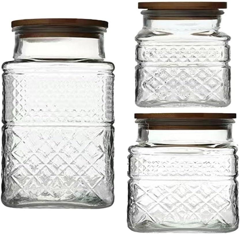 Glass Storage Jars Vintage Embossed Canisters Food Cereal Storage Containers with Bamboo Lid, Decorative Jars for Kitchen Counter,Pantry,Set 3-Piece Glass Jars in 60oz/40oz/20oz (Square)