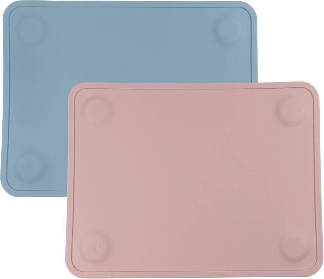 WeeSprout Silicone Suction Placemats for Babies, Toddlers & Kids, Durable Food Grade Silicone with Non-Slip Suction, Raised Edges Contain Mess, Dishwasher Safe, for Dining Table & Restaurants, 2 Pack (Large, Matte Blue, Pink)