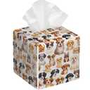 Cute Animal Puppy Pattern Tissue Box Cover Square Waterproof PVC Tissue Holder Leather Facial Paper Organizer Dispenser for Home Office Bathroom Car Tabletop Nightstand Vanity