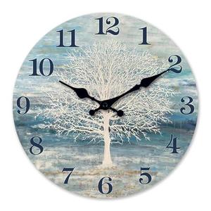 XFM Blue Wooden Wall Clock 10 Inch Silent Wall Clocks Battery Operated Framhouse Tree of Life Country Clock Decorative for Kitchen Living Room Bedroom Office