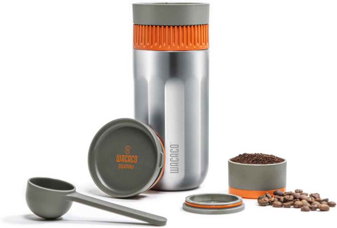 WACACO Pipamoka Portable Coffee Maker, Coffee brewer, All-in-one Vacuum PressuredInsulated Travel Mug, Hand Powered and Filter Pressure Brewer, Stainless Steel Thermo Cup, 10 fl oz