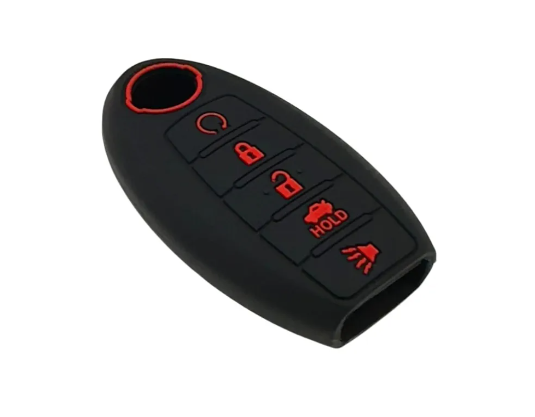 Pack Of 2 KARLOTLAND 2pcs Silicone 5 Buttons Smart Key Fob Cover Compatible with Nissan Rogue Maxima Altima Sedan Pathfinder Armada Murano Titan Versa Sentra (2pcs Black with red)