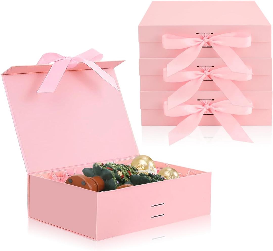 4Pcs Gift Box with Lids, 9"6.7"2.8" Magnetic Closure Collapsible Gift Boxes, Bridesmaid Proposal Box with Ribbons for Christmas Mothers Day Fathers Day Graduations Weddings Birthdays(Pink)