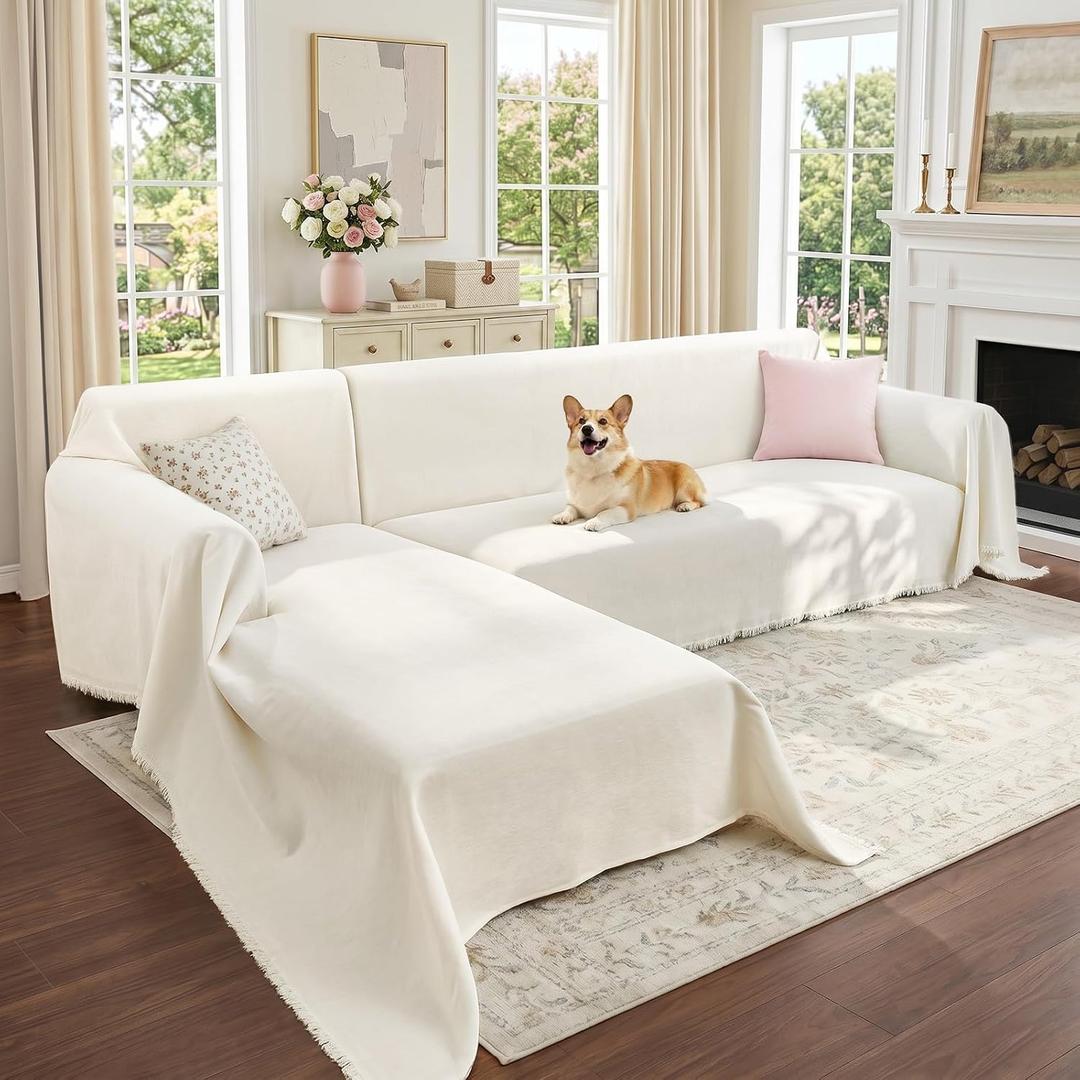 CAPALOCA Sectional Couch Covers, 2 Pieces Chenille Sofa Cover L Shaped Couch Cover Blanket for Dogs Washable Sofa Slipcovers Pet Furniture Protector (Large: 71" x 102" + 71" x 110", Beige)