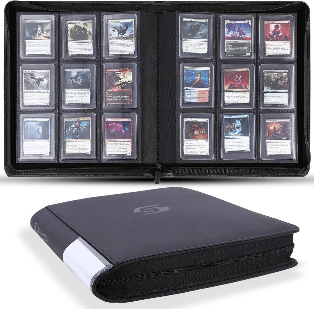 Snekdy Top loader Binder, 9 Pockets Top Loader，Holds 360 Top Loaders cards, Card binder with Sleeves for card in 3 x 4 inches color smooth Zipper PU Leather (Black)