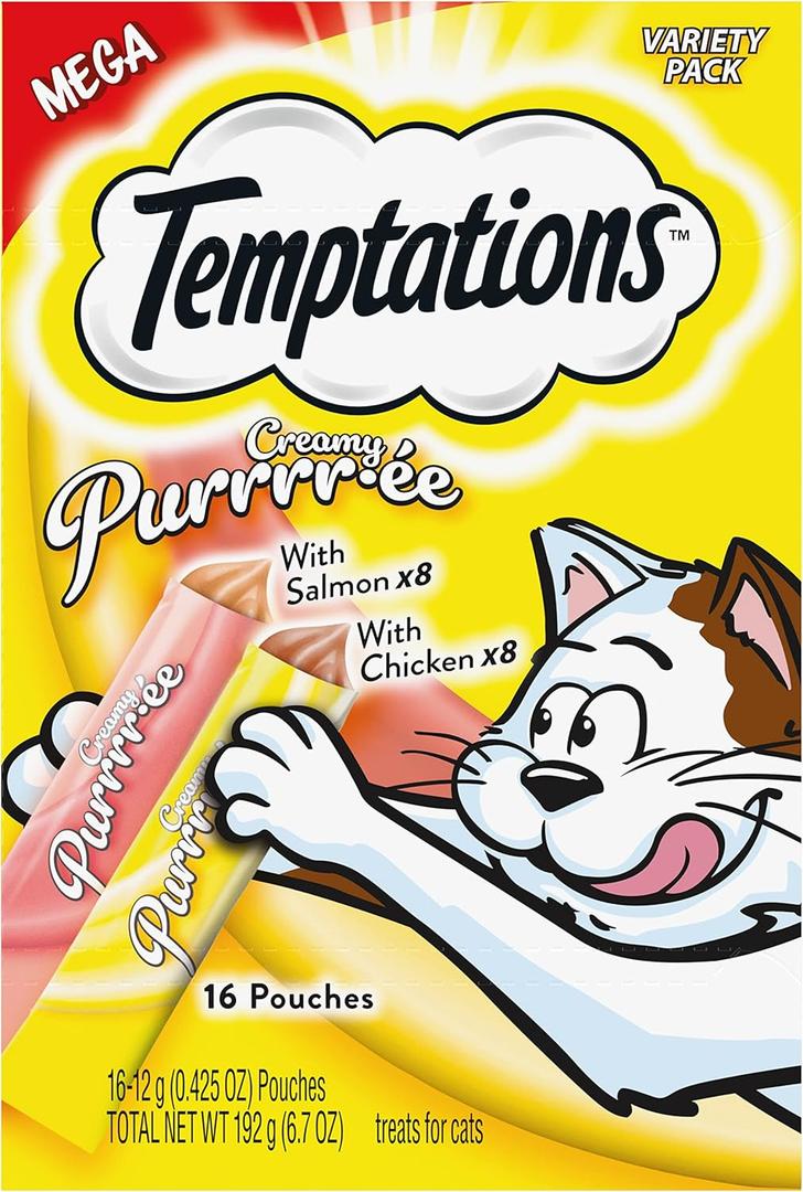 Temptations Creamy Puree Variety Pack of Squeezable Cat Treats, 0.42 oz. Tubes, 16 Count, Best By 04/27/26