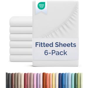 Queen Size Fitted Bed Sheet - Pack of 6 Single Fitted Bottom Sheet Only - Fits Mattress Up to 16" Deep Pockets - Extra Soft, Breathable & Cooling - Hotel Quality, Fade, Shrink & Wrinkle Free - White