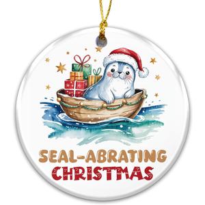 Seal-Abrating Ornament 2025  Cute Seal in Santa Hat with Gifts, Funny Animal Pun Holiday Ornament, Ceramic Keepsake Tree Decoration for Ocean Lovers, Kids Idea