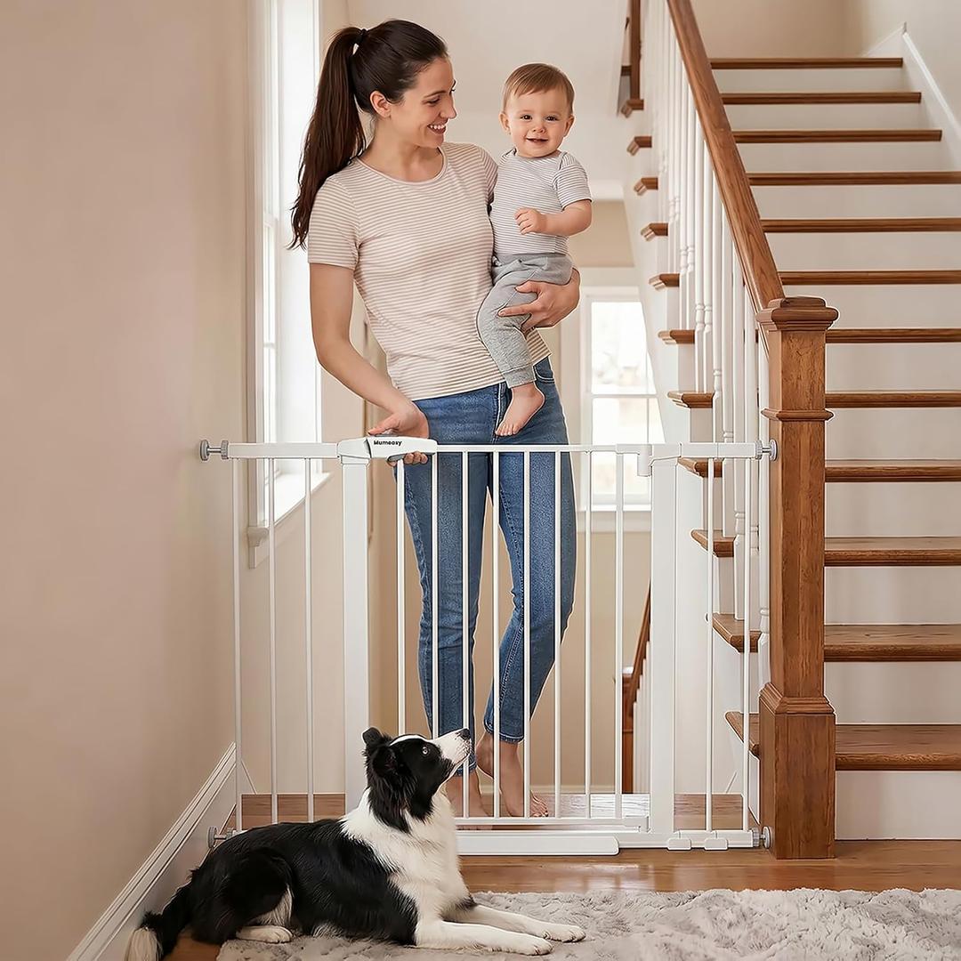 Mumeasy 29.6-46" Baby Gate for Stairs, Pressure Mounted Dog Gate for Doorways, Auto Close Pet Gate for Indoor Use, Extra Wide Child Gate with Walk Thru Door White, Mom's Choice Awards Winner